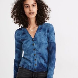 MADEWELL Tie-Dye size XXS 100% Cashmere Ribbed Slim Cardigan Sweater blue navy
